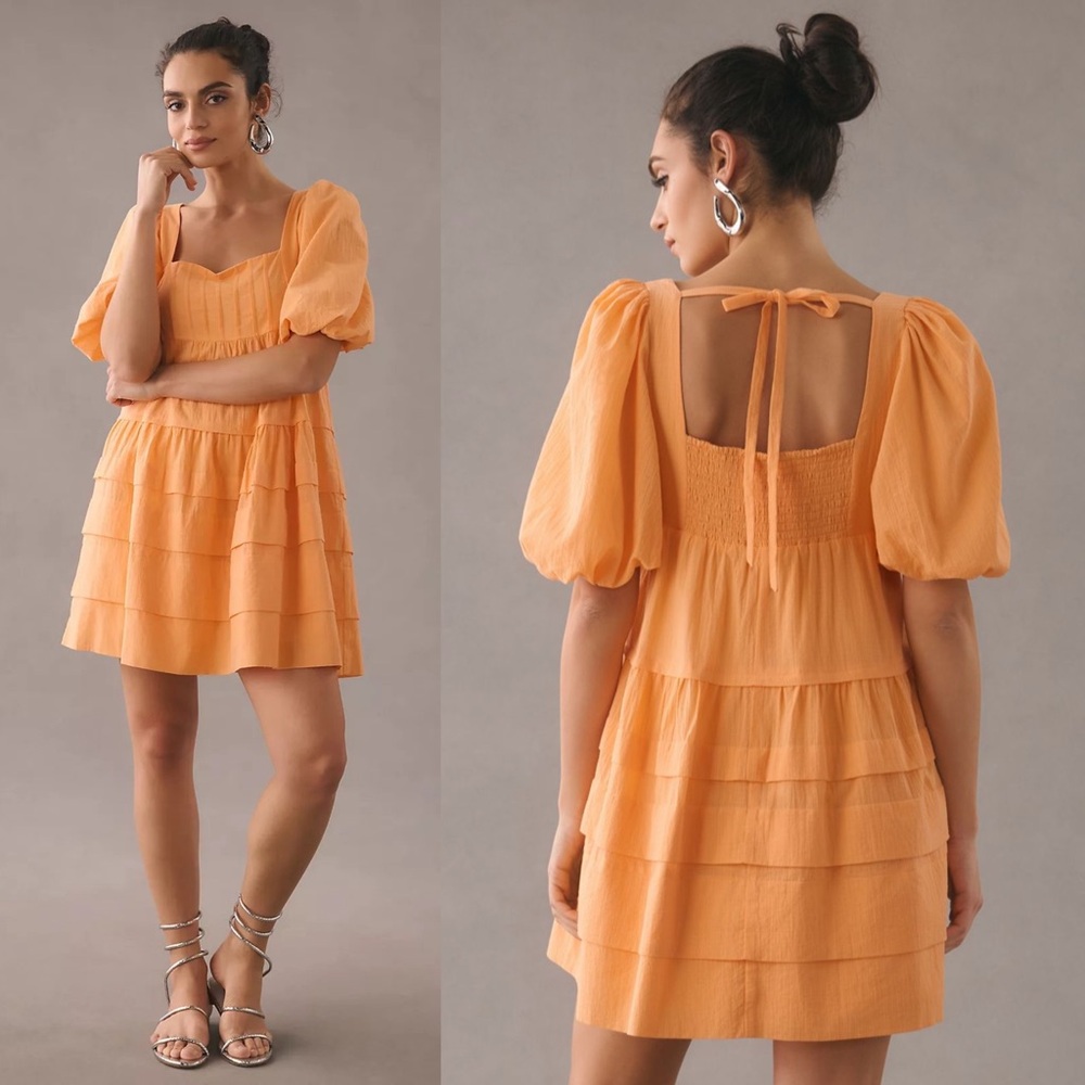 By Anthropologie Cotton Square-Neck Puff-Sleeve Tiered Dress in Orange Sz Large